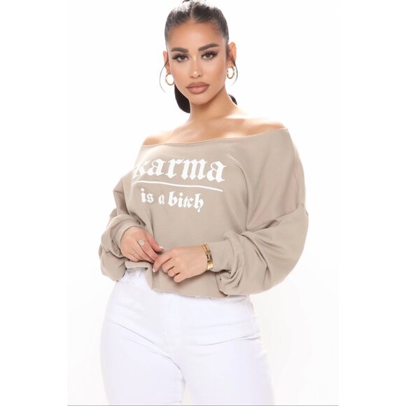 Fashion Nova ✦ Karma Is a B Off‑Shoulder Sweatshirt ✦ Mocha Graphic Raw Hem NWT - Picture 1 of 4